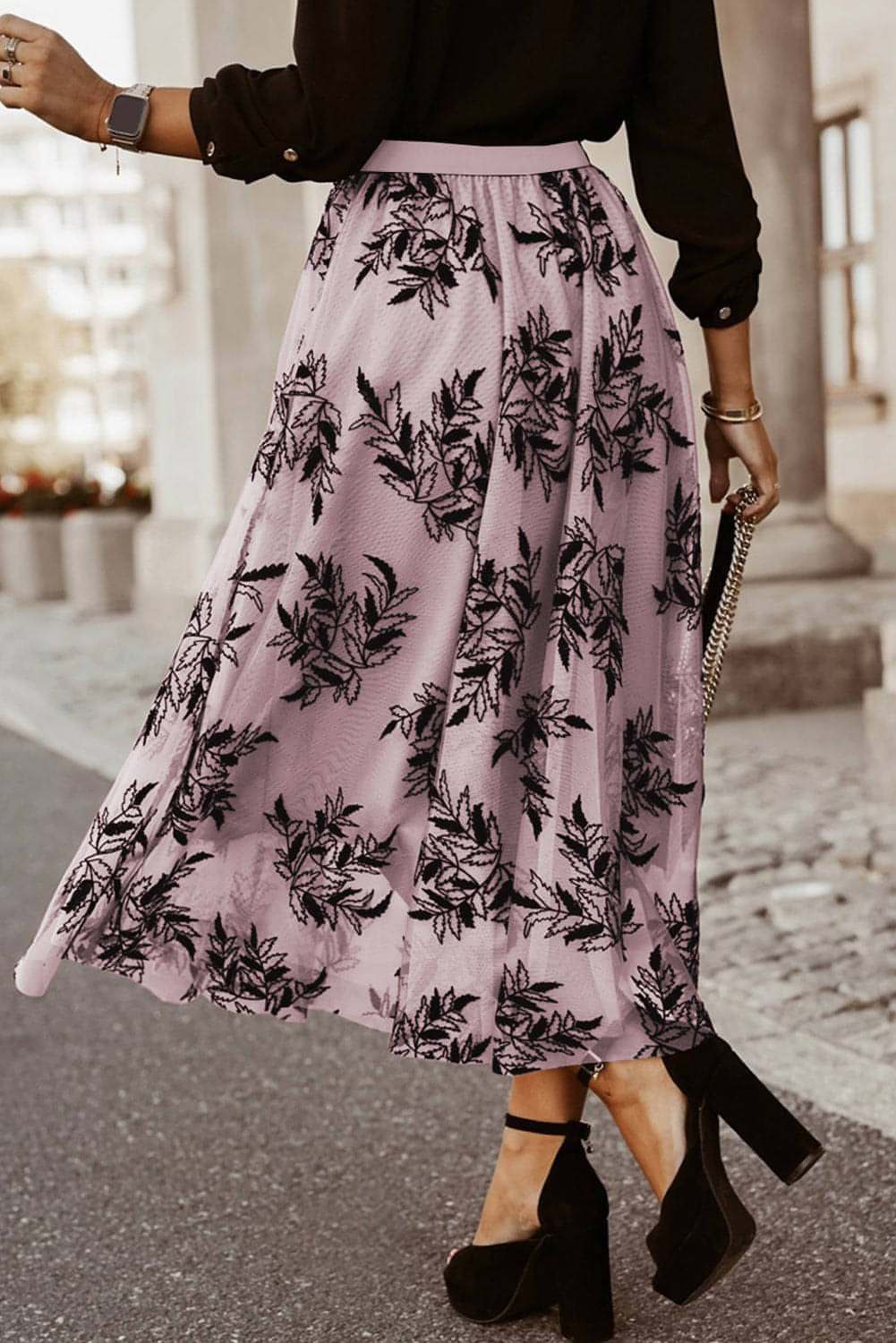 Peach Blossom Floral Leaves Embroidered High Waist Maxi Skirt Secondary image
