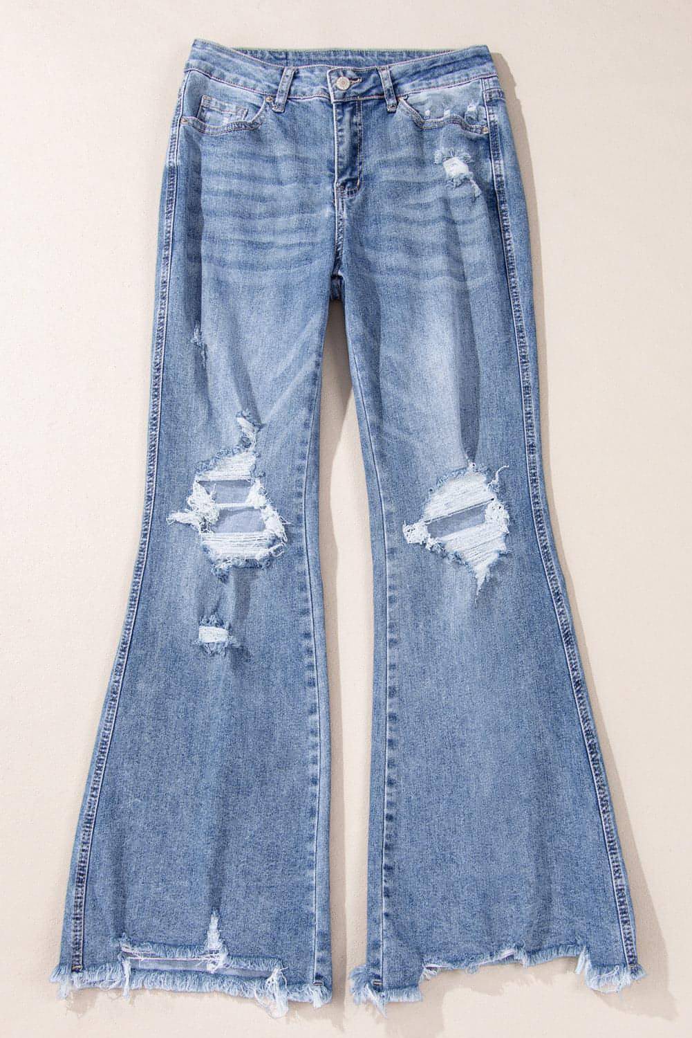 Dusk Blue High Rise Ripped Distressed Hem Flared Jeans Secondary image