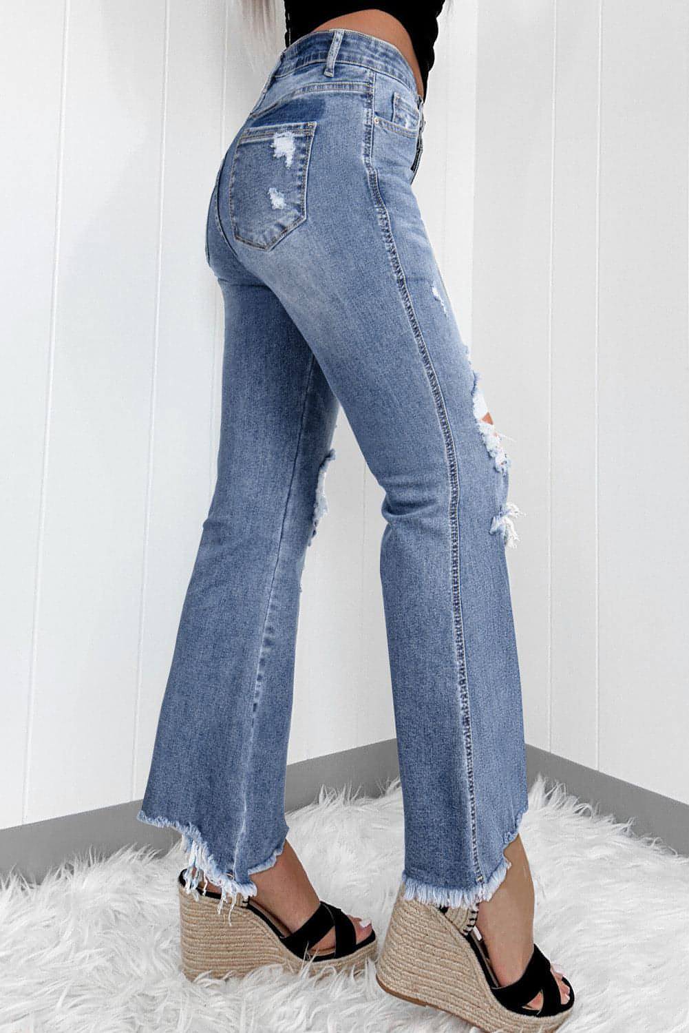 Dusk Blue High Rise Ripped Distressed Hem Flared Jeans Main image