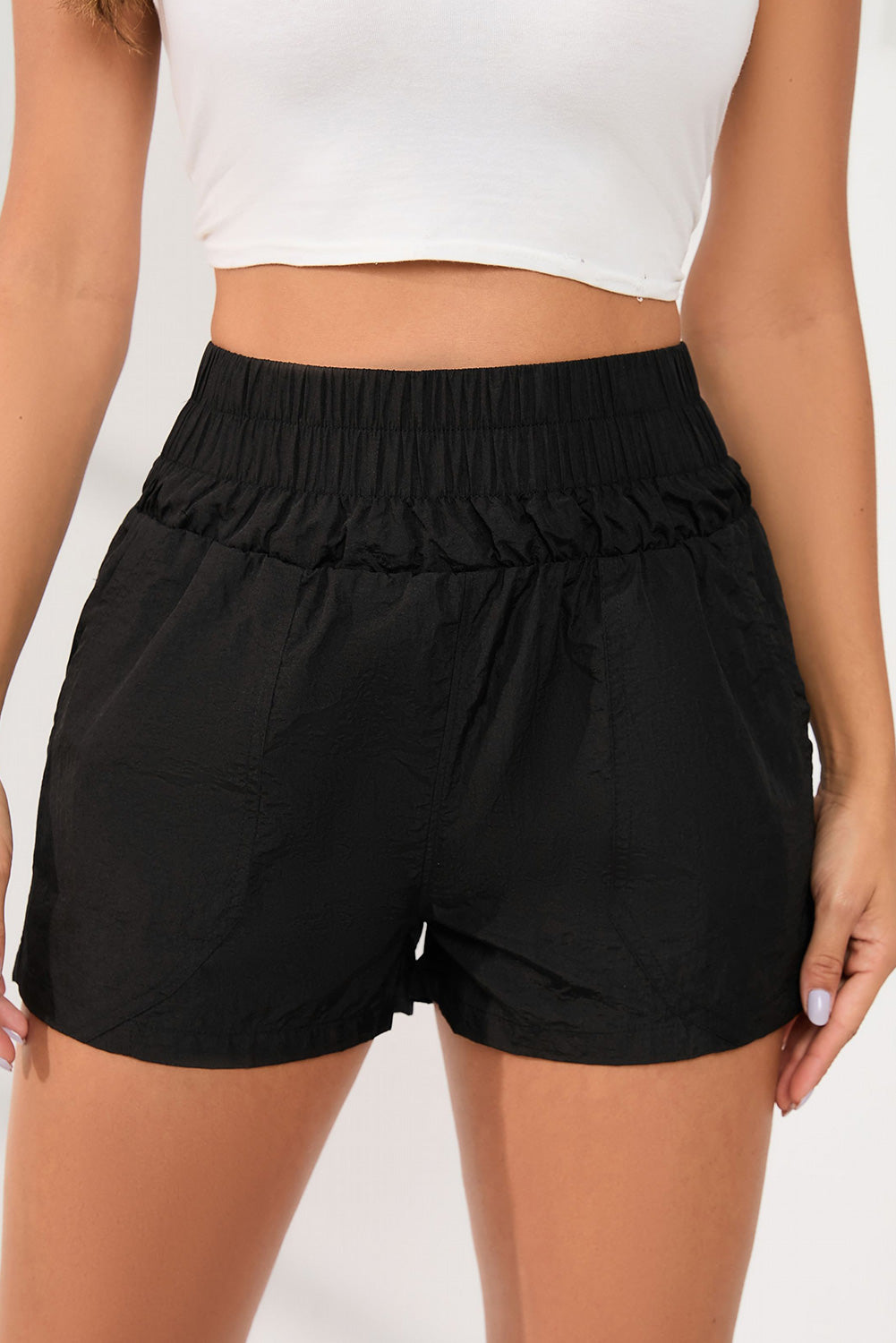 Black Elastic High Waist Side Pockets Shorts Secondary image
