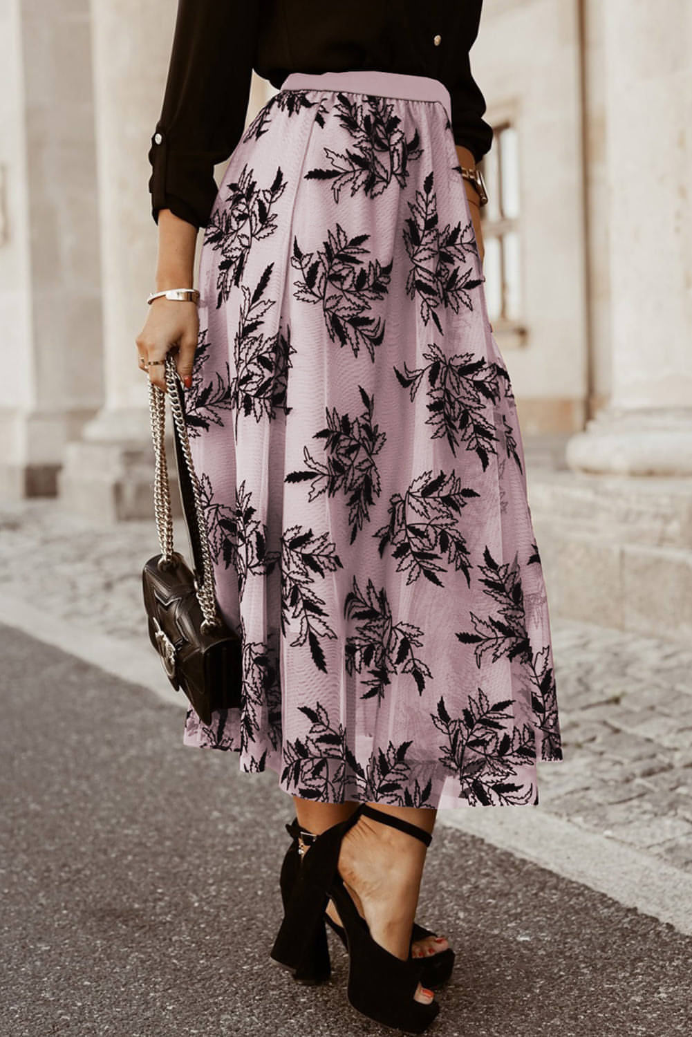 Peach Blossom Floral Leaves Embroidered High Waist Maxi Skirt Main image