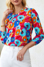 Rose Multicolor Floral Print V Neck 3/4 Sleeve Blouse
