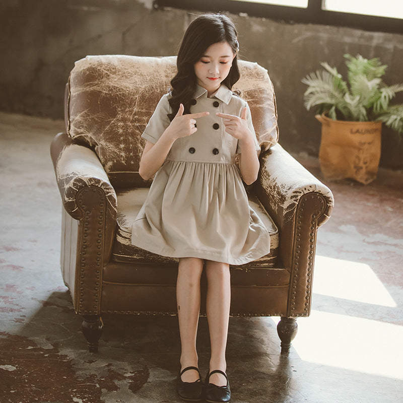 Kids Summer Clothing Beige Korean Style Children Shirt Girls' Dress Medium And Large Children's Dress Children Shirt Main image