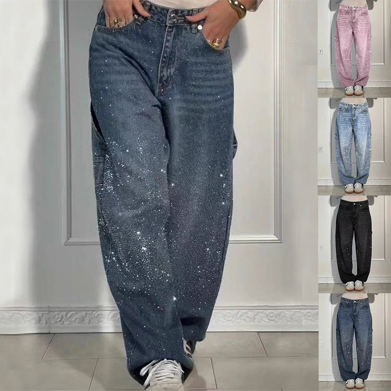 Shiny Straight-Leg Glitter Jeans with Pockets – Wide Leg Pants for Secondary image