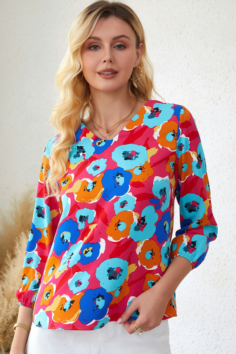 Rose Multicolor Floral Print V Neck 3/4 Sleeve Blouse Main image
