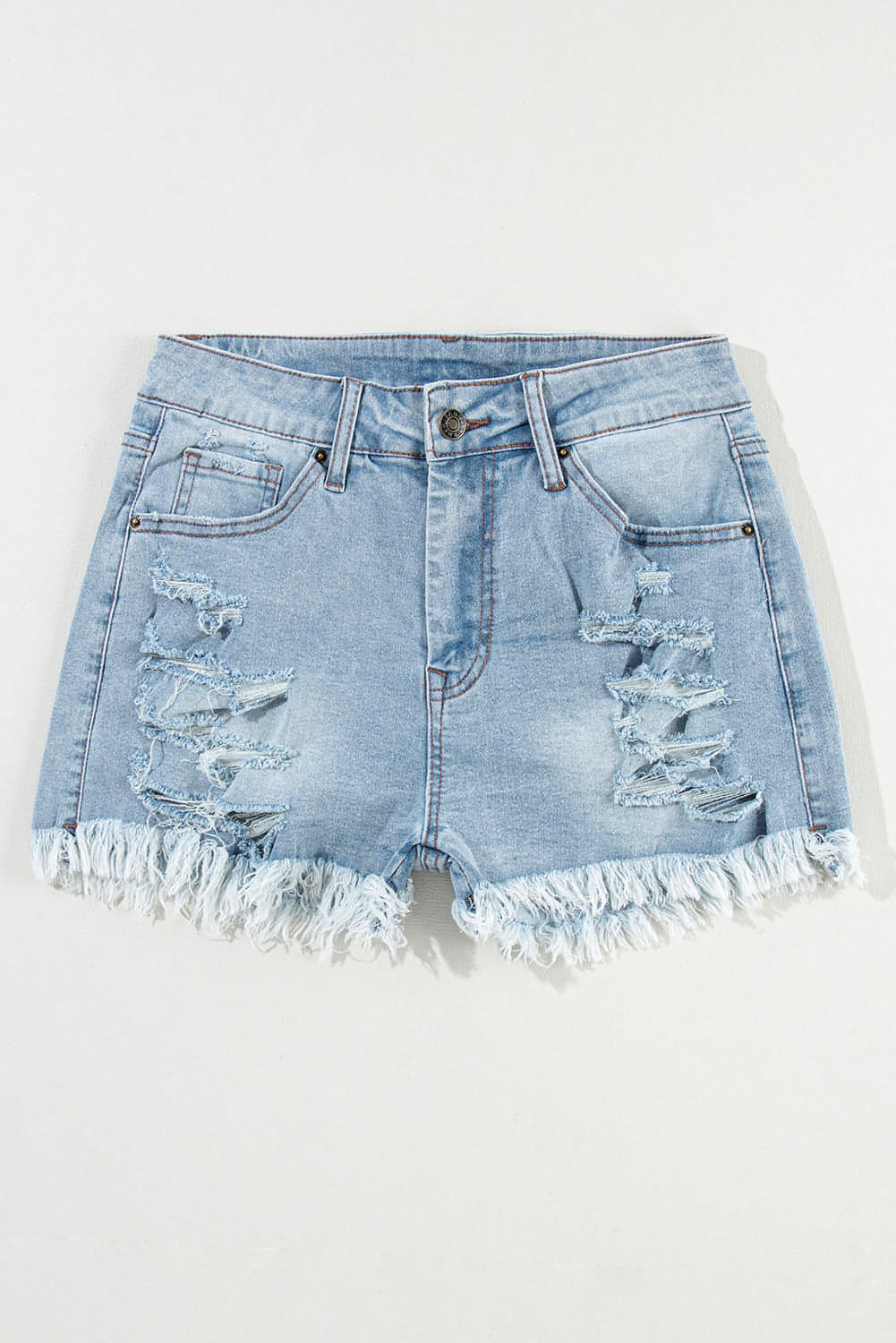 Light Blue Distressed Ripped Raw Hem High Waist Denim Shorts Secondary image