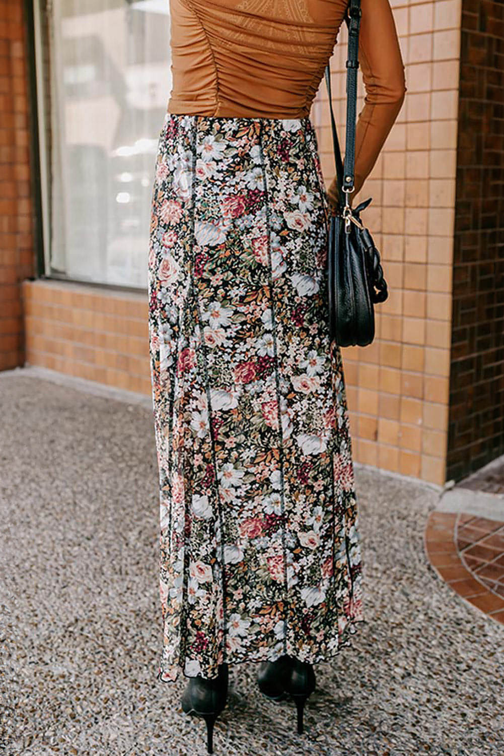 Brown Floral Print High Waist Maxi Skirt Main image