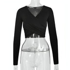 Women's Clothing Cross V-neck Stitching Slim-fit Long-sleeved