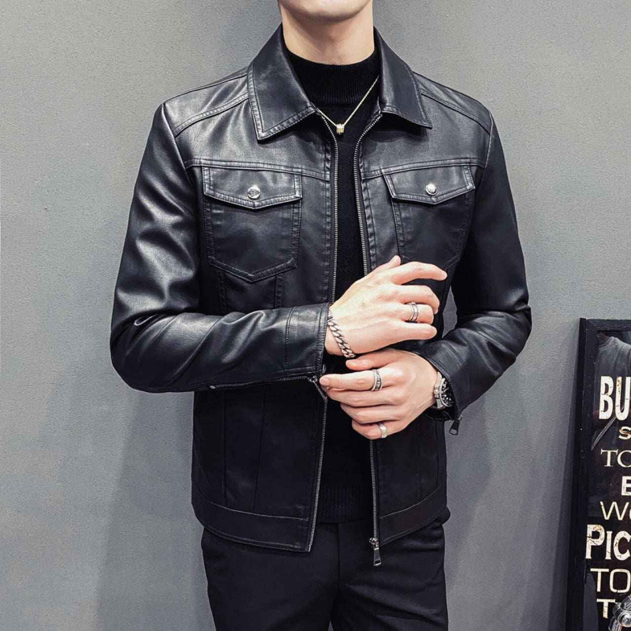 Fall Winter Men Quilted Casual Leather Clothing Secondary image