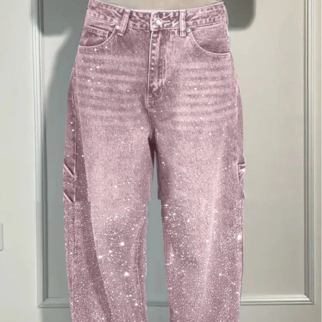 Shiny Straight-Leg Glitter Jeans with Pockets – Wide Leg Pants for Main image