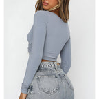 Women's Clothing Cross V-neck Stitching Slim-fit Long-sleeved