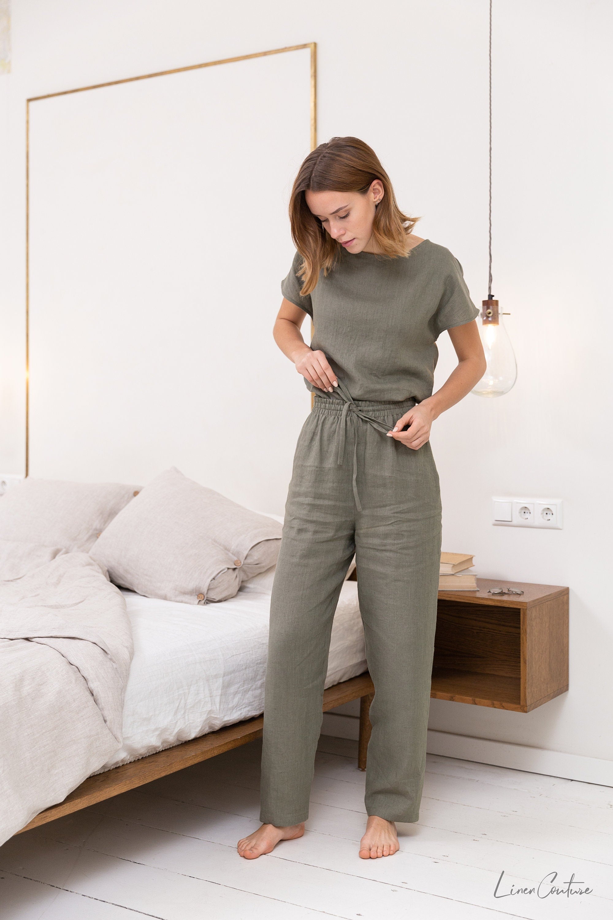 Safari green linen / Natural Linen Pajama set / Linen loungewear / Main image