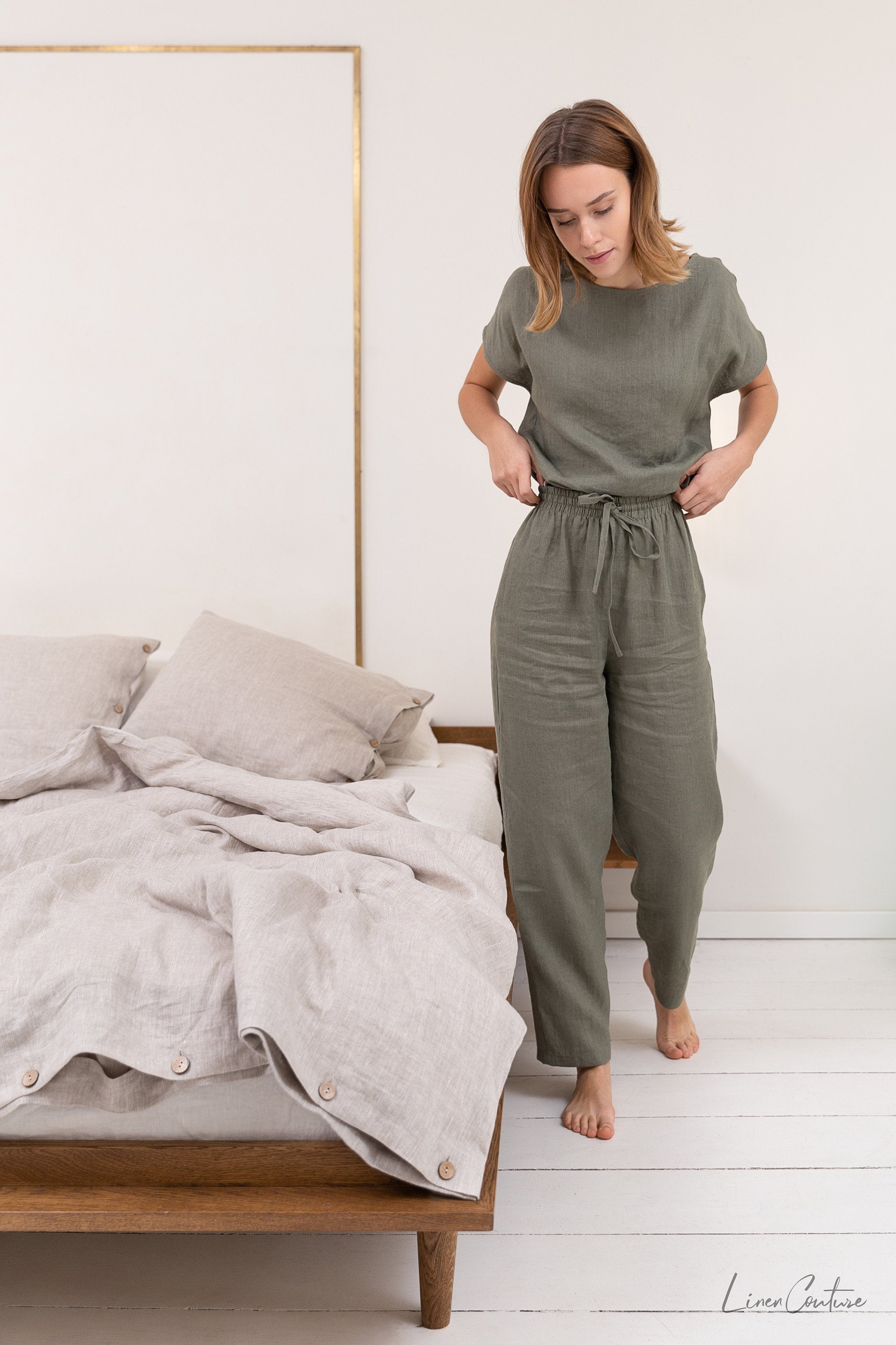 Safari green linen / Natural Linen Pajama set / Linen loungewear / Secondary image